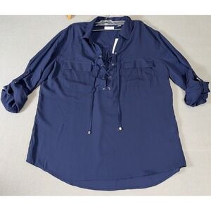 New York & Company Navy Blue Lace‎ Up Utility Blouse Roll Tab Sleeve XL 1639